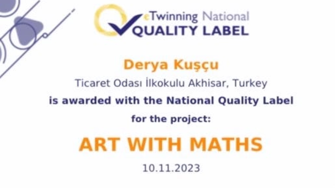 Okulumuz öğretmeni Derya KUŞÇU ESEP (Avrupa Okulları Eğitim Platformu) projelerinden  ve Ulusal Kalite Etiketi aldı. 